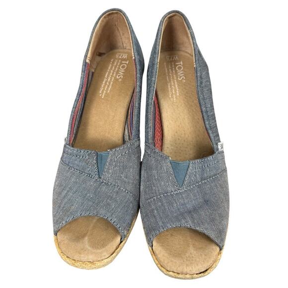 Toms Cork Espadrille Wedge Blue Denim Peep Toe Slip On Shoes Womens sz 7.5 - Picture 6 of 16